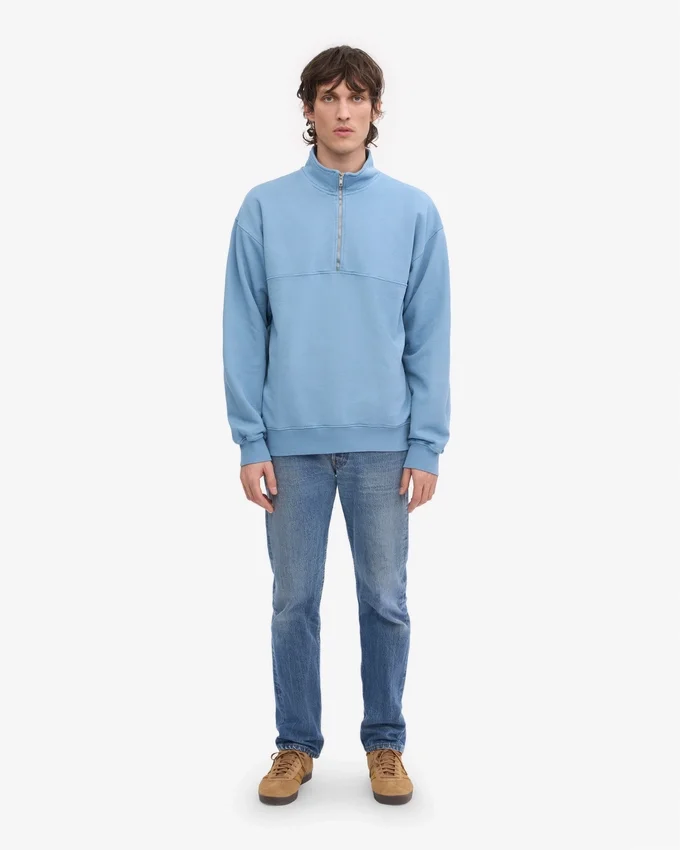 Pull col zippé bio - Bleu bord de mer