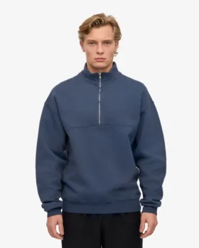 Pull col zippé bio – Bleu pétrole