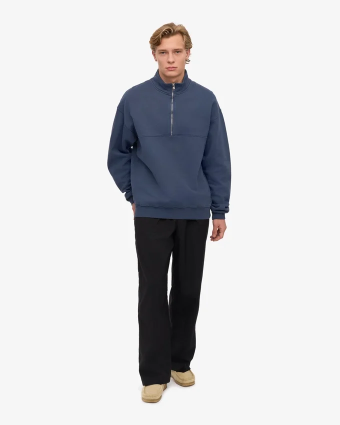 Pull col zippé bio - Bleu pétrole