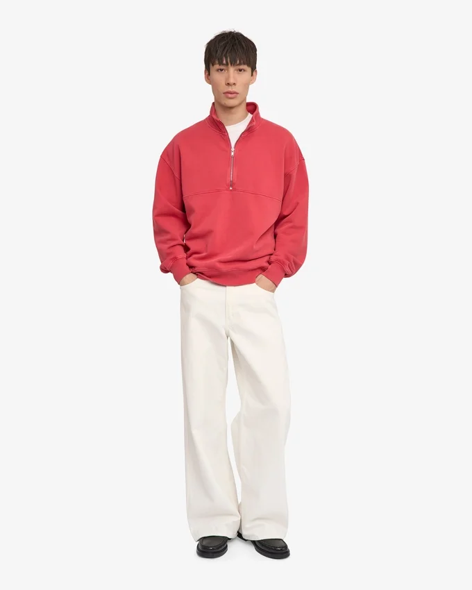 Pull col zippé bio à quart de zip - Rouge délavé