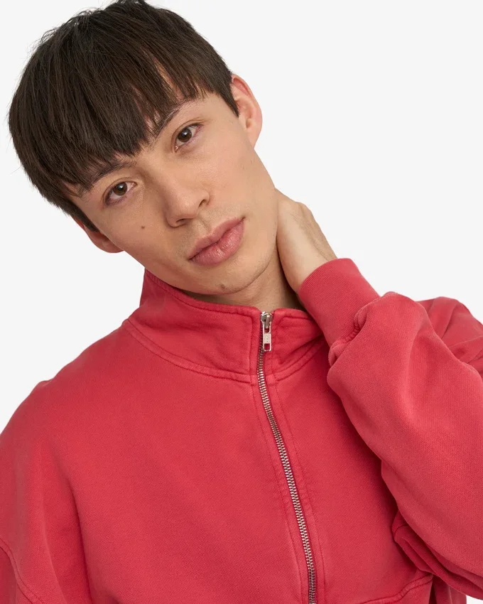 Pull col zippé bio à quart de zip - Rouge délavé