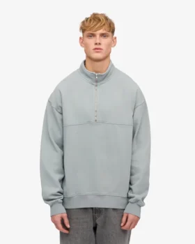 Pull col zippé court en coton bio – Bleu acier