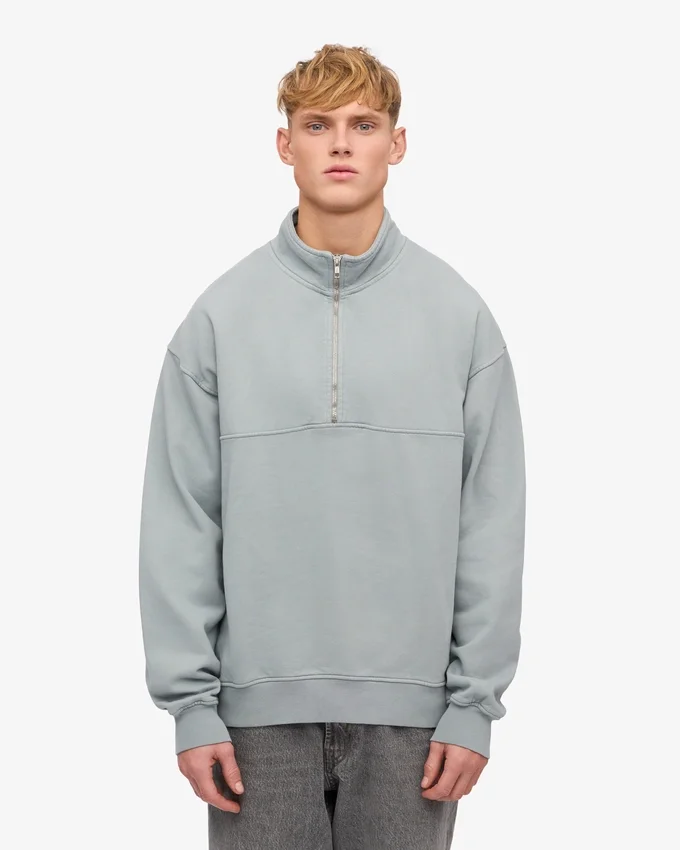 Pull col zippé court en coton bio - Bleu acier
