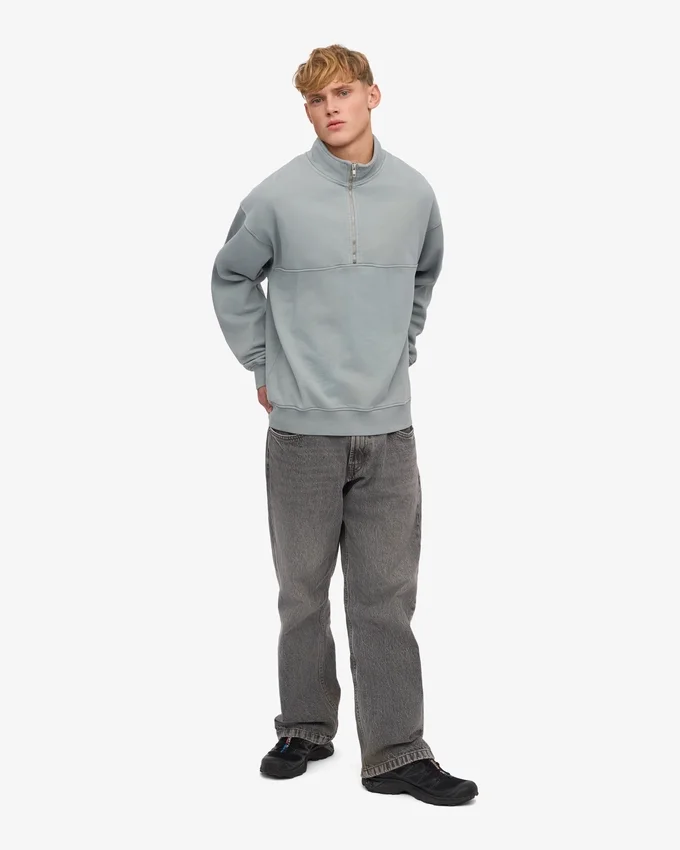 Pull col zippé court en coton bio - Bleu acier