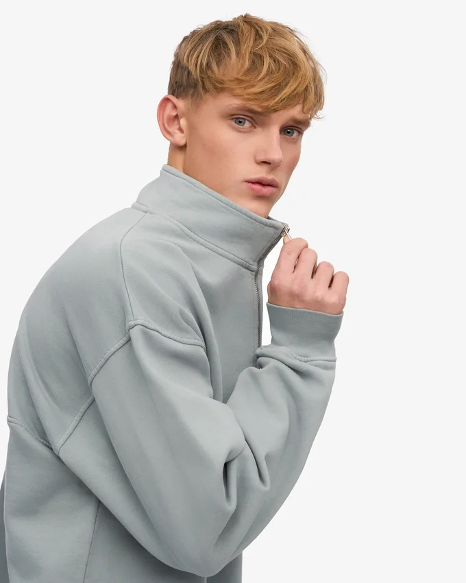 Pull col zippé court en coton bio - Bleu acier