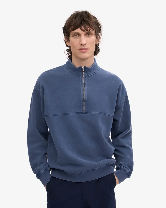 Pull col zippé en coton bio - Bleu Neptune