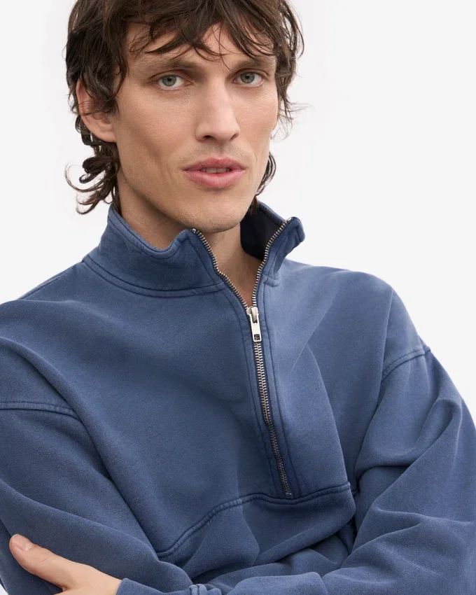 Pull col zippé en coton bio - Bleu Neptune