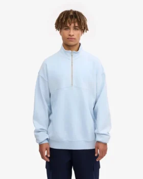 Pull col zippé en coton bio – Bleu polaire