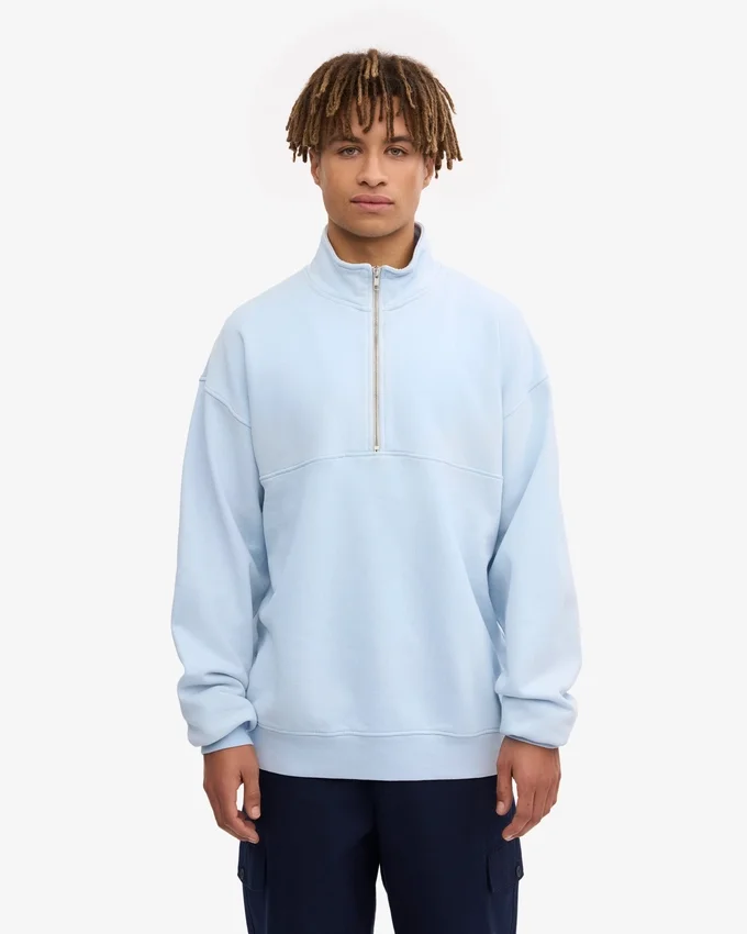 Pull col zippé en coton bio - Bleu polaire