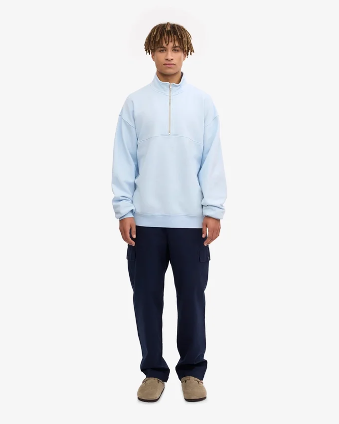 Pull col zippé en coton bio - Bleu polaire
