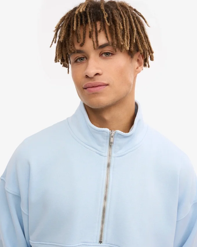 Pull col zippé en coton bio - Bleu polaire