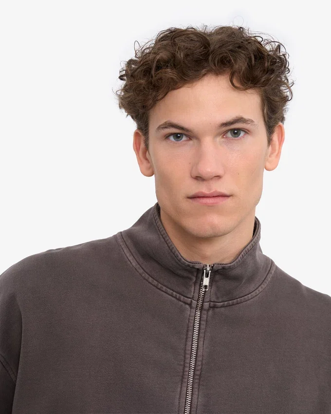 Pull col zippé en coton bio - Boue délavée