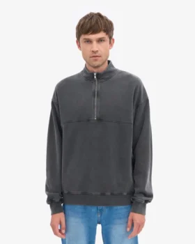 Pull col zippé en coton bio – Noir délavé