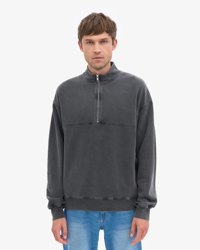 Pull col zippé en coton bio - Noir délavé