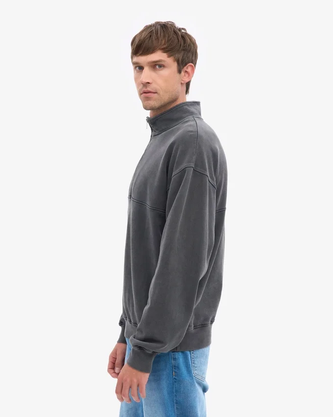 Pull col zippé en coton bio - Noir délavé