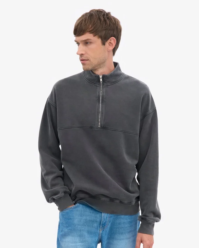 Pull col zippé en coton bio - Noir délavé