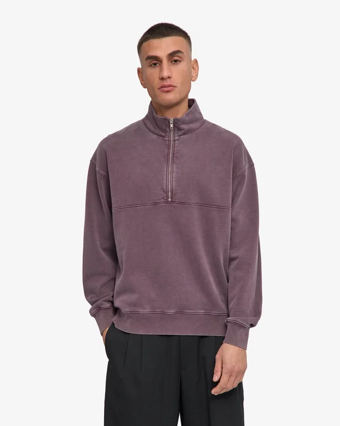 Pull col zippé en coton bio - Raisin délavé