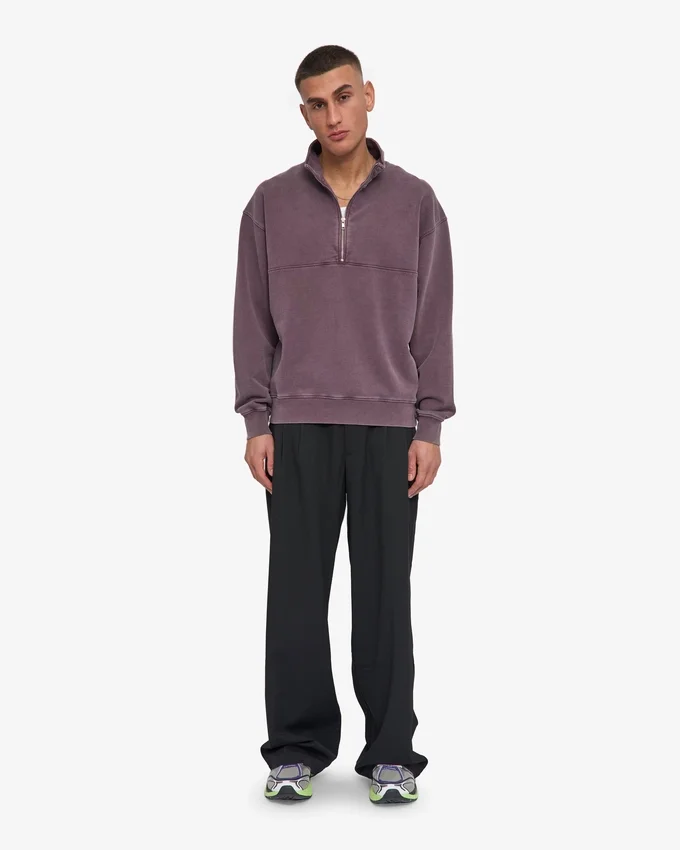 Pull col zippé en coton bio - Raisin délavé