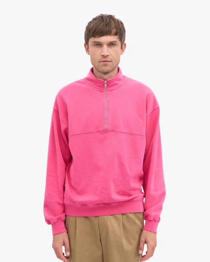Pull col zippé en laine bio - Rose bubble-gum