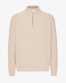 Pull col zippé en laine mérinos - Blanc ivoire