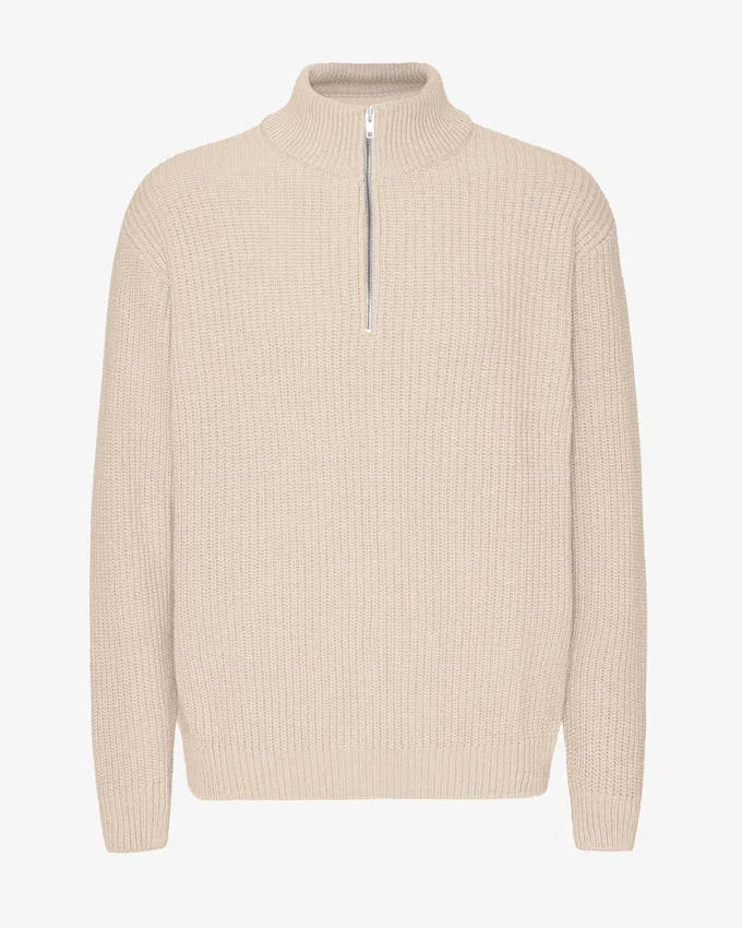 Pull col zippé en laine mérinos - Blanc ivoire