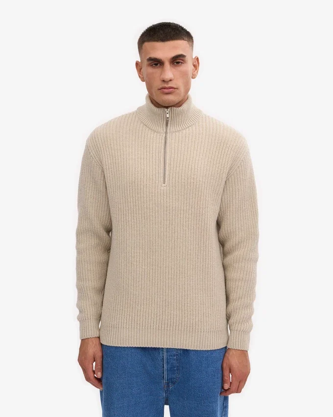 Pull col zippé en laine mérinos - Blanc ivoire