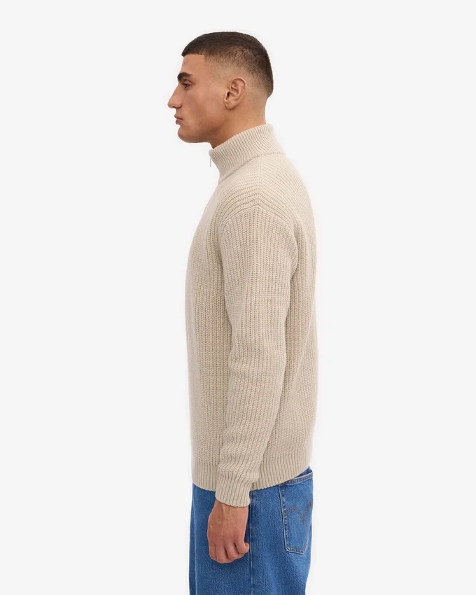 Pull col zippé en laine mérinos - Blanc ivoire