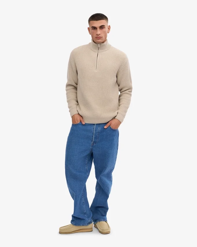 Pull col zippé en laine mérinos - Blanc ivoire