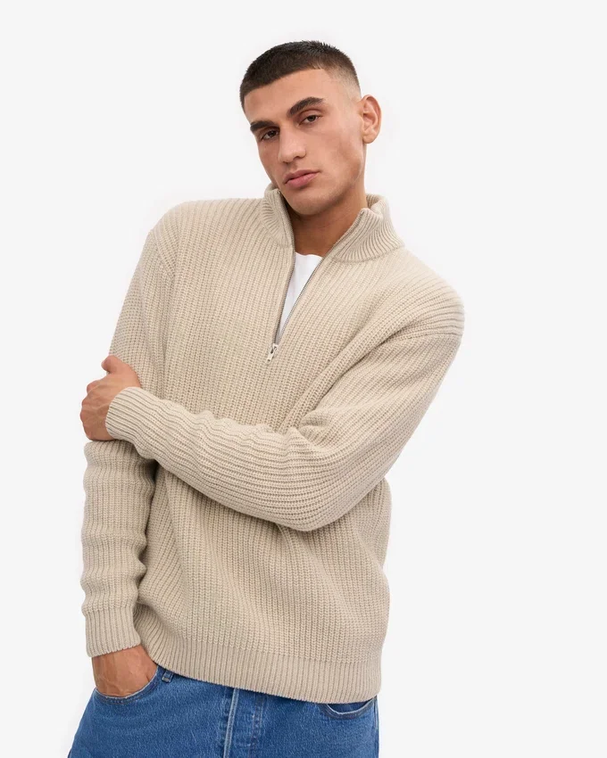 Pull col zippé en laine mérinos - Blanc ivoire