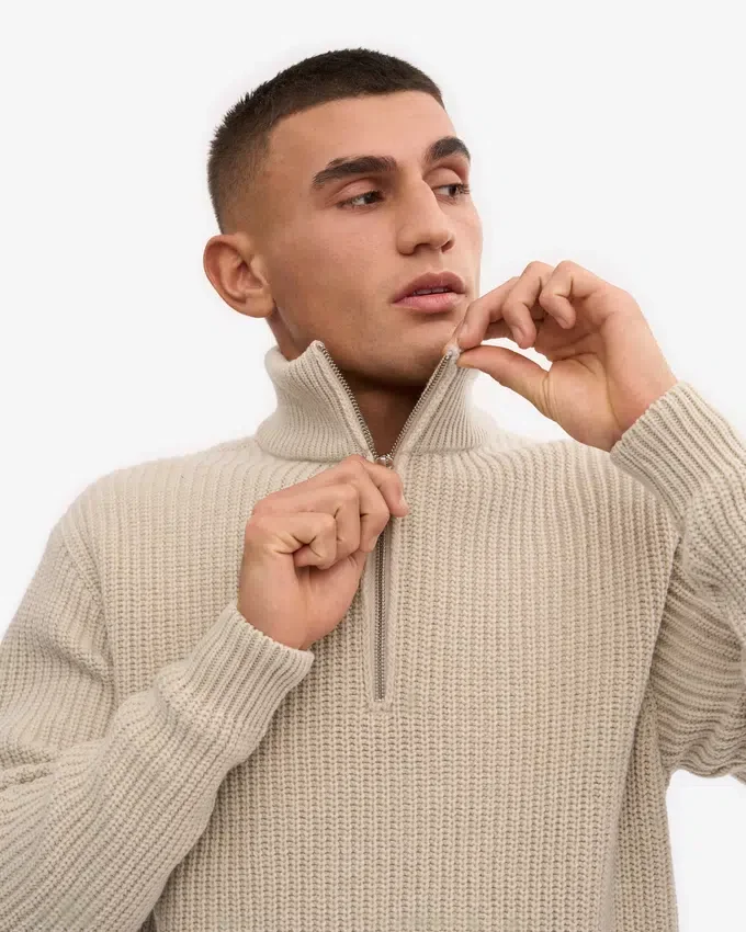 Pull col zippé en laine mérinos - Blanc ivoire