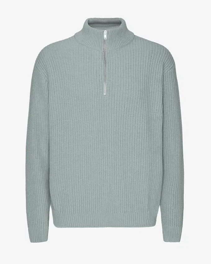 Pull col zippé en laine mérinos - Bleu acier