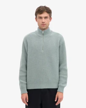 Pull col zippé en laine mérinos – Bleu acier