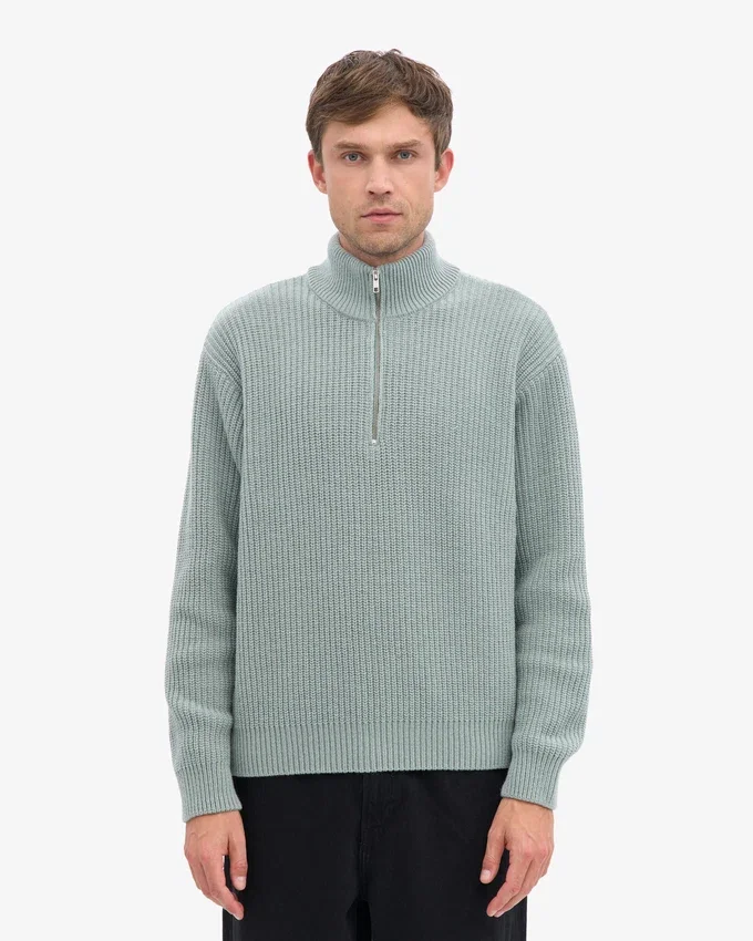 Pull col zippé en laine mérinos - Bleu acier