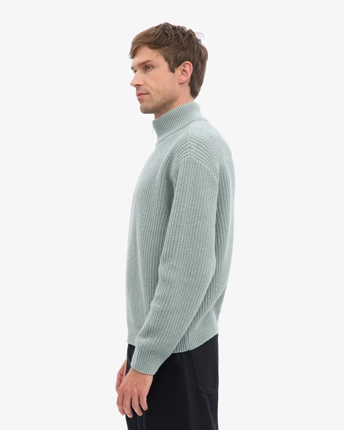 Pull col zippé en laine mérinos - Bleu acier