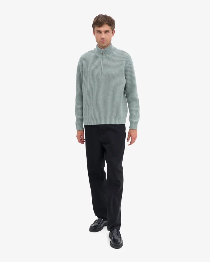 Pull col zippé en laine mérinos - Bleu acier