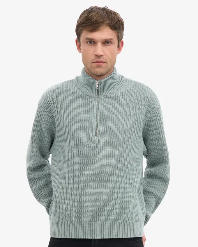 Pull col zippé en laine mérinos - Bleu acier