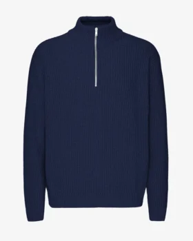Pull col zippé en laine mérinos - Bleu marine
