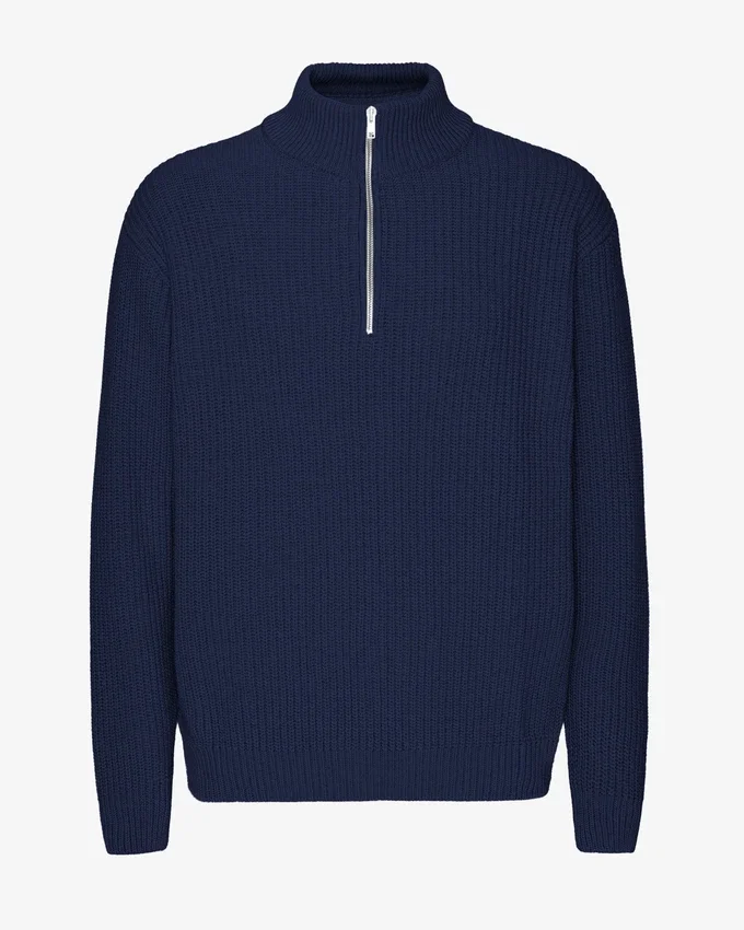 Pull col zippé en laine mérinos - Bleu marine