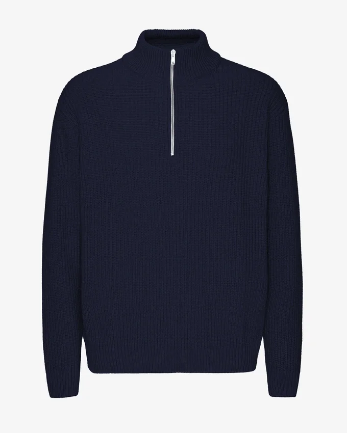 Pull col zippé en laine mérinos - Bleu marine