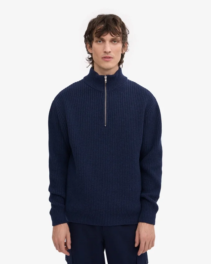 Pull col zippé en laine mérinos - Bleu marine