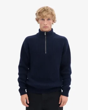Pull col zippé en laine mérinos – Bleu marine