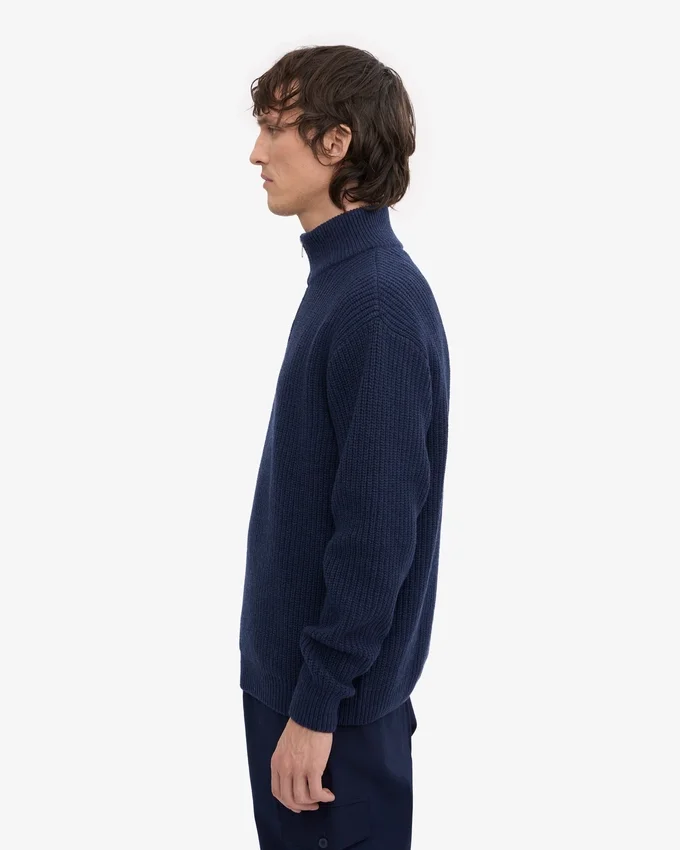 Pull col zippé en laine mérinos - Bleu marine