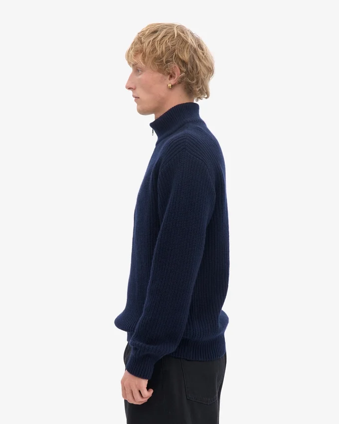 Pull col zippé en laine mérinos - Bleu marine