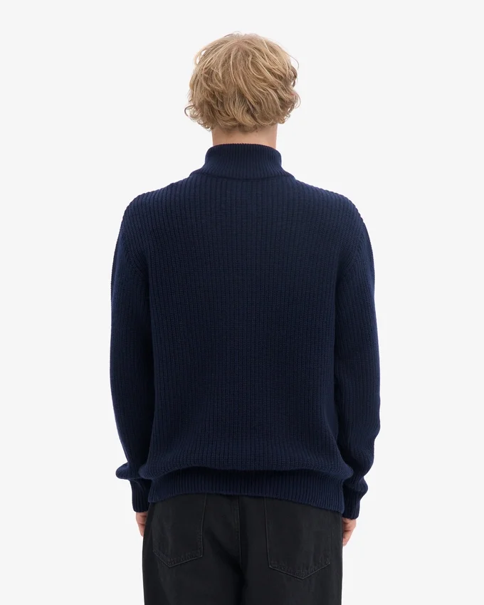 Pull col zippé en laine mérinos - Bleu marine