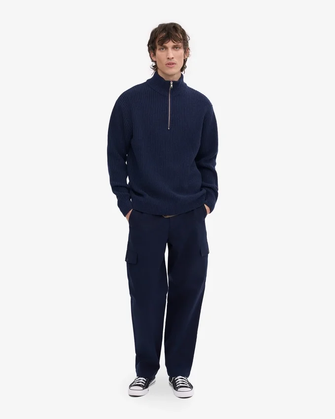 Pull col zippé en laine mérinos - Bleu marine
