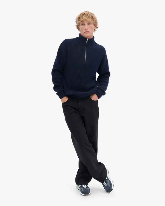 Pull col zippé en laine mérinos - Bleu marine