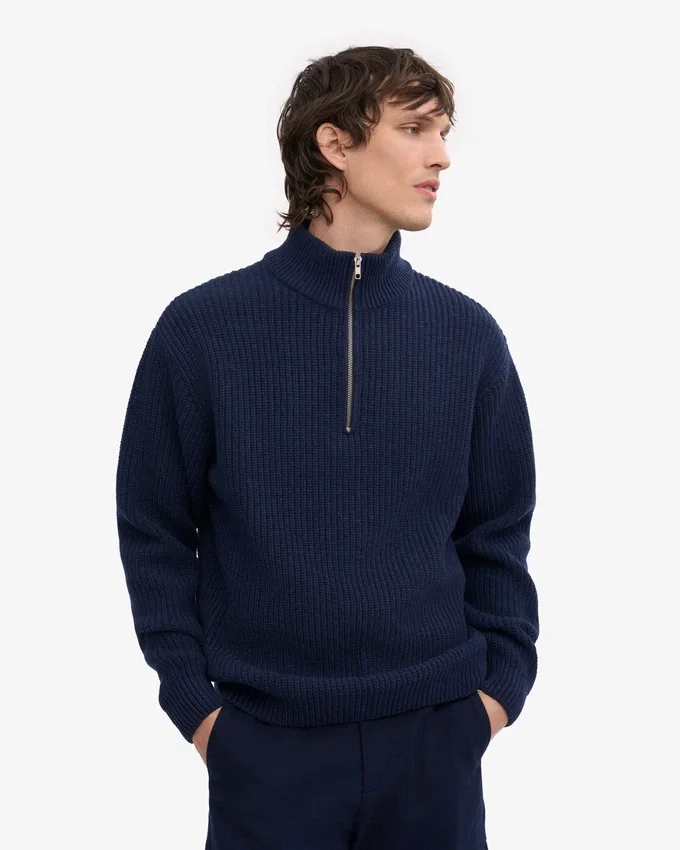 Pull col zippé en laine mérinos - Bleu marine
