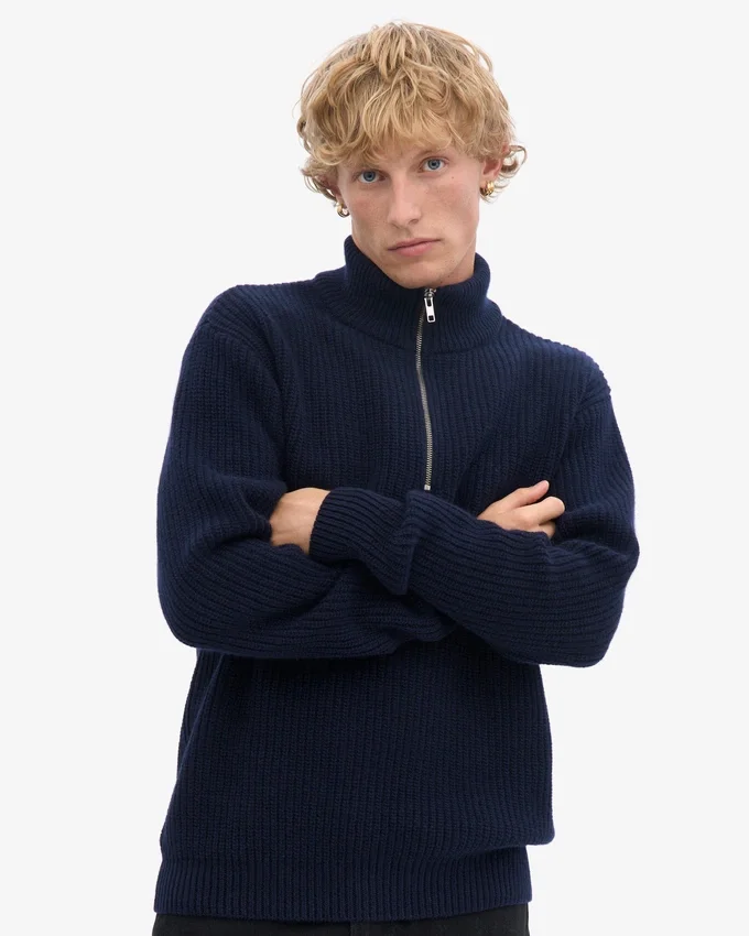 Pull col zippé en laine mérinos - Bleu marine