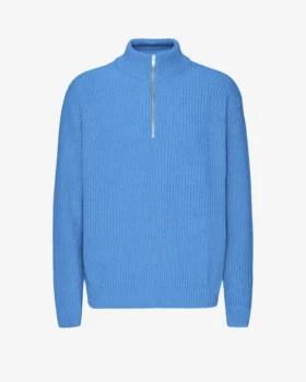 Pull col zippé en laine mérinos - Bleu Pacifique
