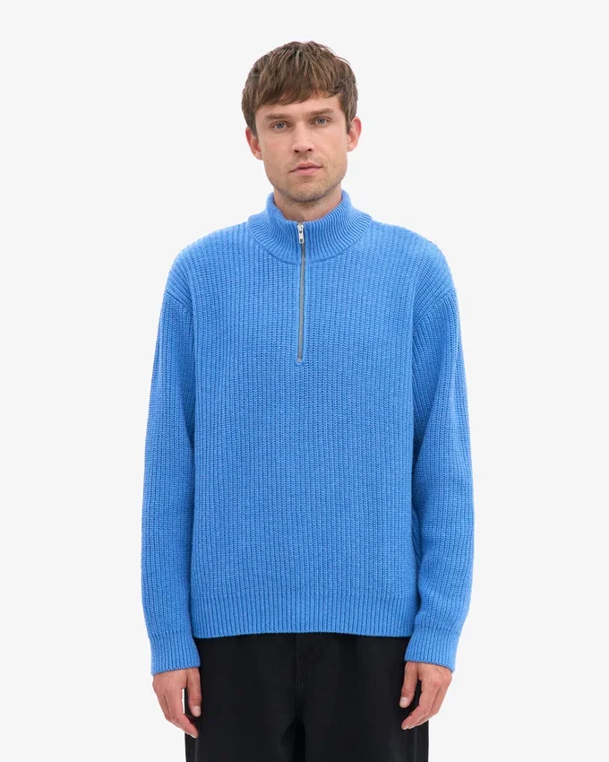 Pull col zippé en laine mérinos - Bleu Pacifique
